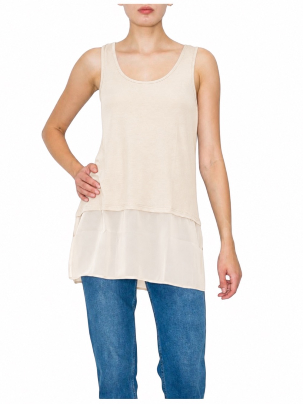 NEW Origami Apparel Beige Chiffon Sheer Extender Hem Very Stretchy Tank Top